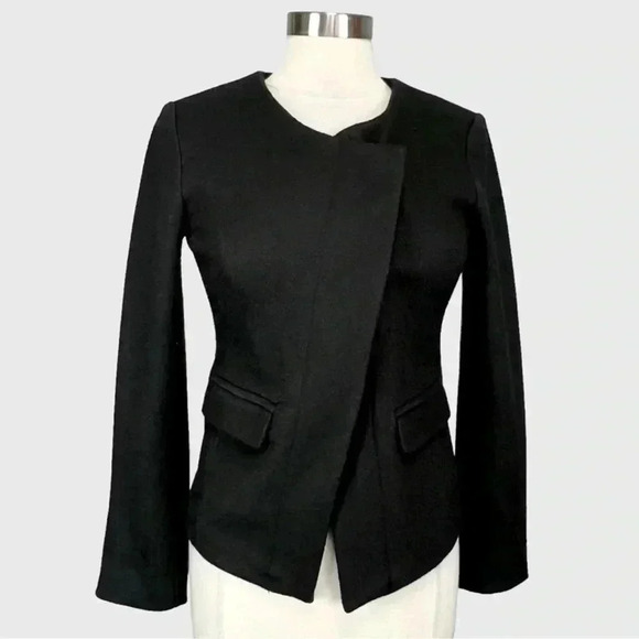 Ann Taylor Loft black wool blend asymmetrical snap blazer jacket, size 4 petite - Picture 2 of 9